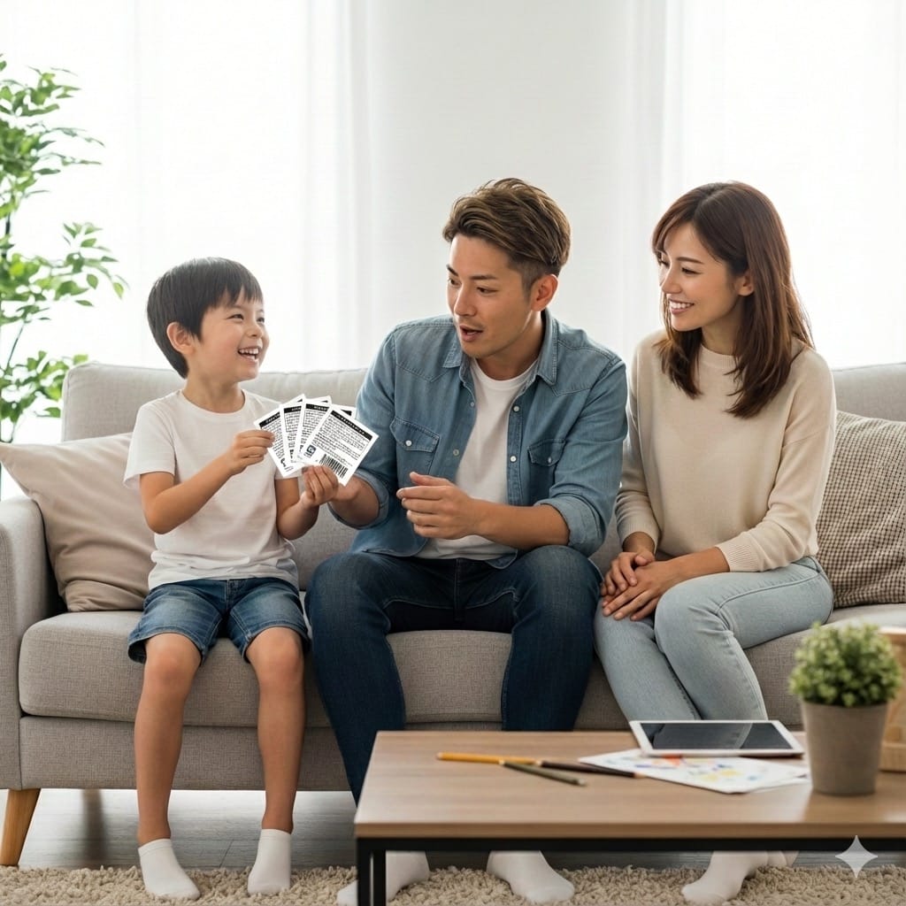 親子でシールを見せ合い笑顔になる様子